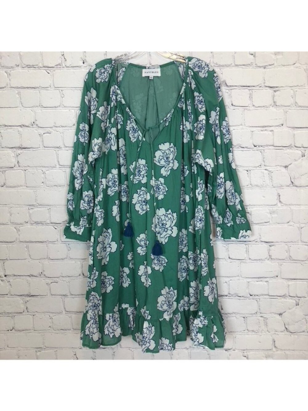 Navy Bleu Green Floral Dress Size L 100% Cotton Pockets